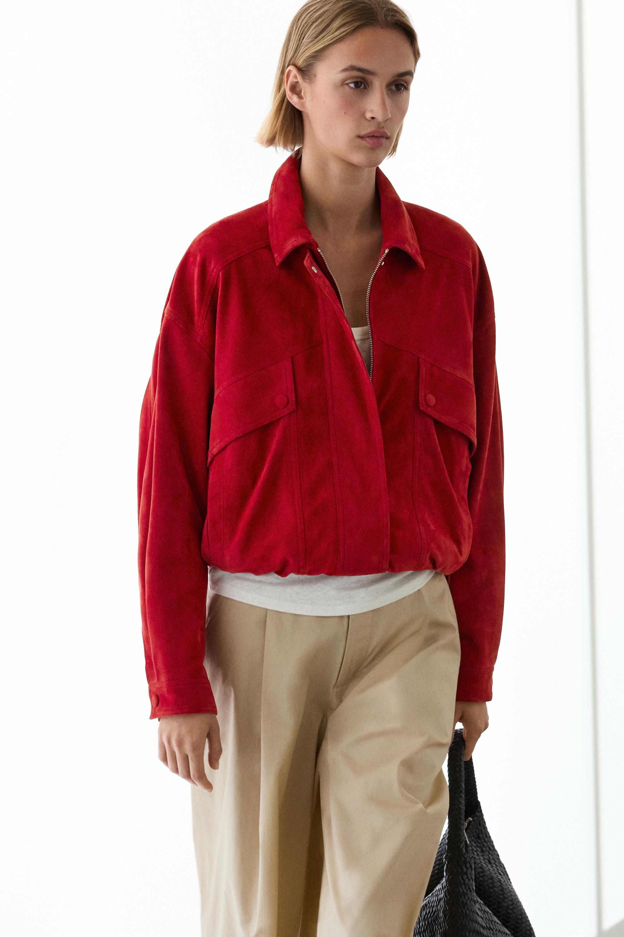 Suede leather bomber jacket with pocket details